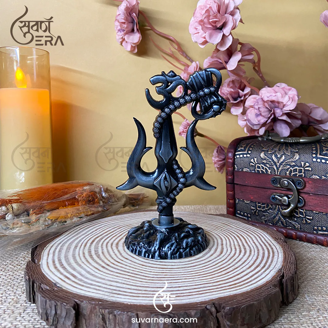 Om Shivay Trishul with Damaru for Car Dashboard 3.5 inch (Silver Black)