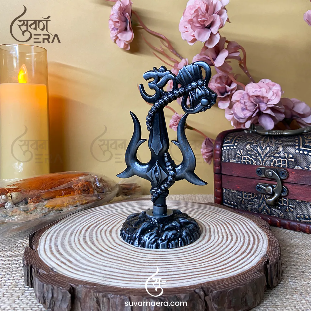 Om Shivay Trishul with Damaru for Car Dashboard 5.0 inch (Silver Black)